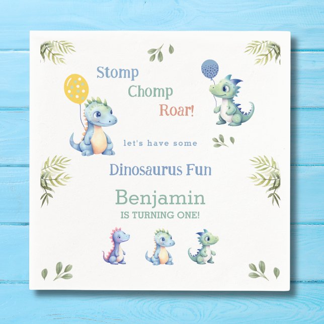 Cute Blue Baby Boy Dinosaur 1st Birthday Party Napkins (Creator Uploaded)