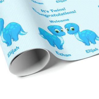Cute Blue Baby Boy Dinosaur Twins Wrapping Paper