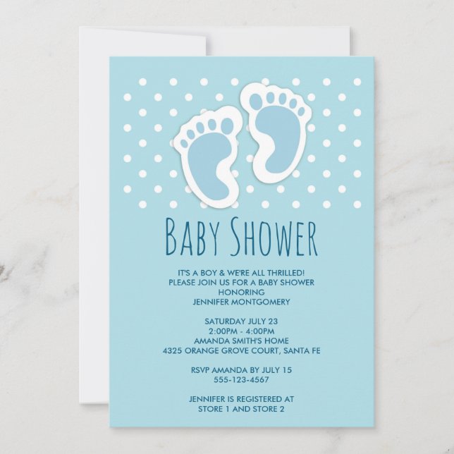 Cute Blue Baby Boy Footprints Baby Shower Invitation (Front)