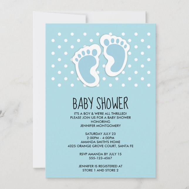 Cute Blue Baby Boy Footprints Baby Shower Invitation (Front)