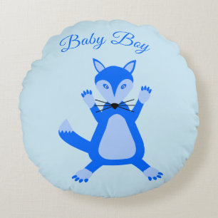 Cute Blue Baby Boy Fox Birth Announcement Round Pillow