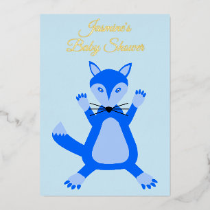 Cute Blue Baby Boy Fox Custom Baby Shower Foil Invitation