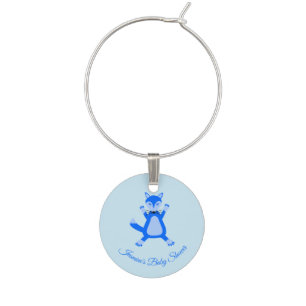Cute Blue Baby Boy Fox Custom Baby Shower Wine Charm