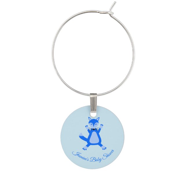 Cute Blue Baby Boy Fox Custom Baby Shower Wine Charm (Front)