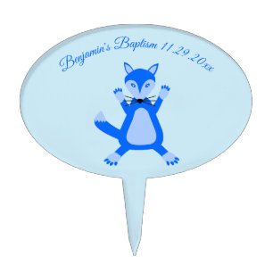 Cute Blue Baby Boy Fox Custom Baptism Cake Topper