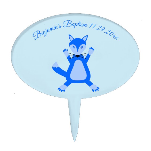 Cute Blue Baby Boy Fox Custom Baptism Cake Topper (Front)