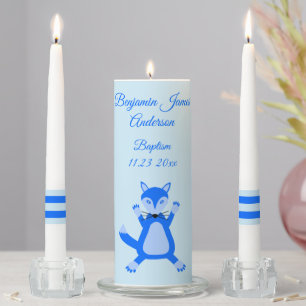 Cute Blue Baby Boy Fox Custom Baptism Unity Candle Set
