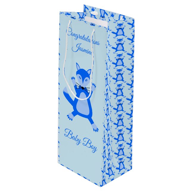 Cute Blue Baby Boy Fox Custom Congratulations Wine Gift Bag (Front Angled)