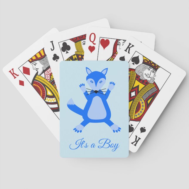 Cute Blue Baby Boy Fox Custom Gender Reveal Poker Cards (Back)