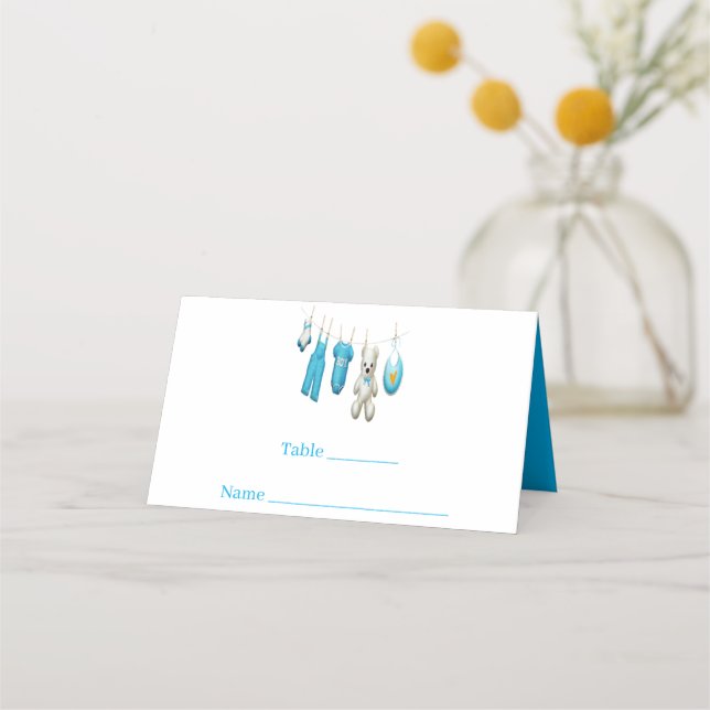 Cute Blue Baby Boy  illustration Baby Shower Place Card (Front)