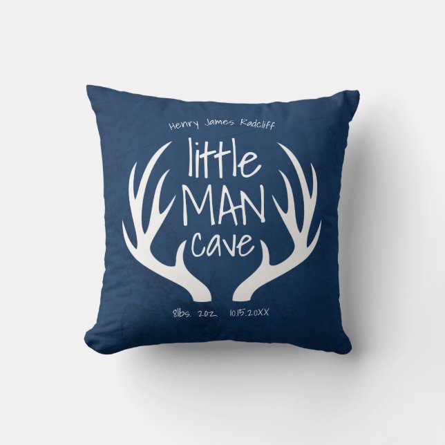 Cute Blue Baby Boy Little Man Cave Announcement Throw Pillow (Front)