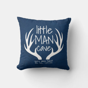 Cute Blue Baby Boy Little Man Cave Birth Stats Throw Pillow