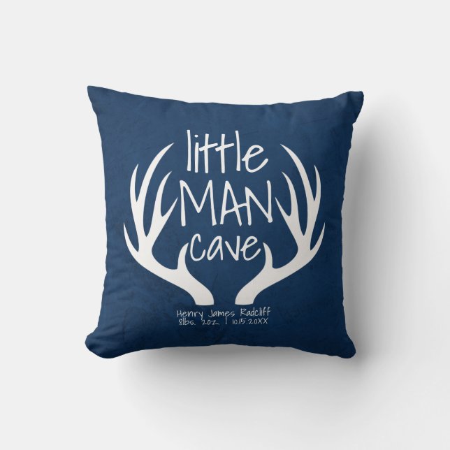 Cute Blue Baby Boy Little Man Cave Birth Stats Throw Pillow (Front)
