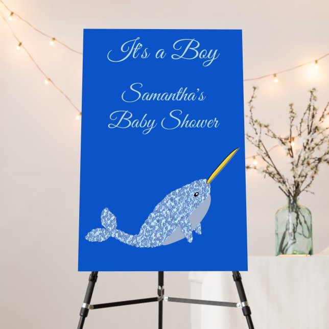 Cute Blue Baby Boy Narwhal Baby Shower Custom Foam Board (In Situ (Stand))