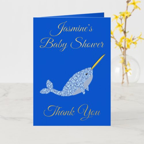 Cute Blue Baby Boy Narwhal Baby Shower Custom Foil Greeting Card