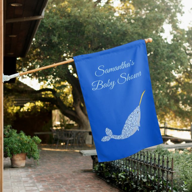 Cute Blue Baby Boy Narwhal Baby Shower Custom House Flag (In SItu)
