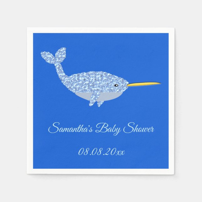 Cute Blue Baby Boy Narwhal Baby Shower Custom Napkins (Front)