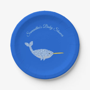 Cute Blue Baby Boy Narwhal Baby Shower Custom Paper Plates