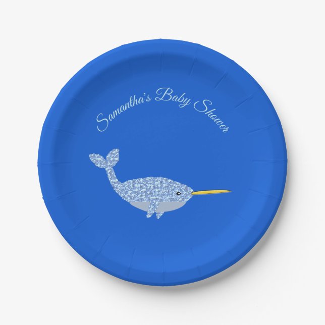 Cute Blue Baby Boy Narwhal Baby Shower Custom Paper Plates (Front)