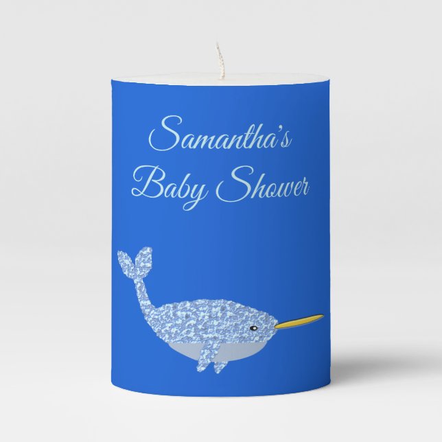 Cute Blue Baby Boy Narwhal Baby Shower Custom Pillar Candle (Front)