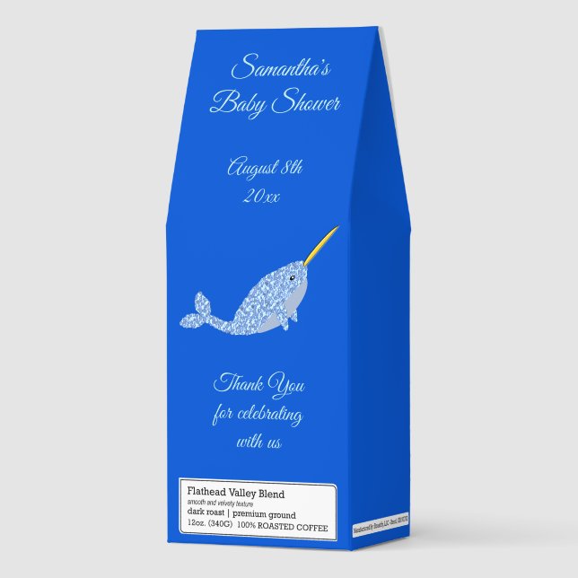 Cute Blue Baby Boy Narwhal Baby Shower Custom Roasted Coffee (Front)