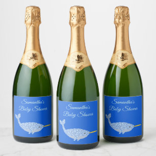 Cute Blue Baby Boy Narwhal Baby Shower Custom Sparkling Wine Label