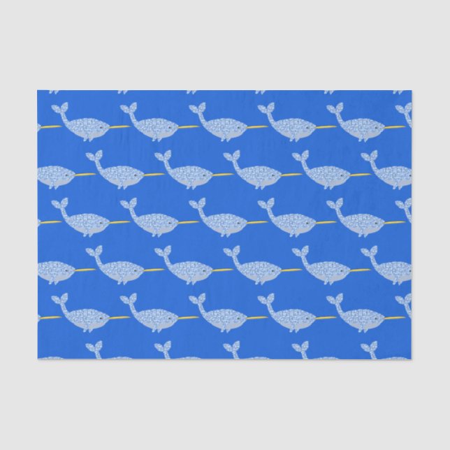 Cute Blue Baby Boy Narwhal Baby Shower Patterned Tissue Paper (Front)