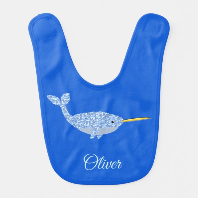Cute Blue Baby Boy Narwhal Bib (Front)