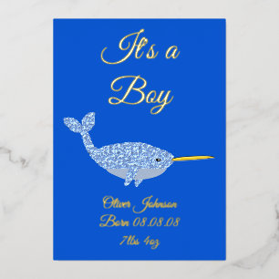 Cute Blue Baby Boy Narwhal Birth Announcement