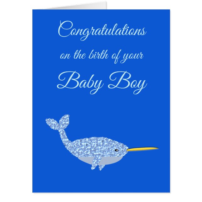 Cute Blue Baby Boy Narwhal Congratulations Card (Front)
