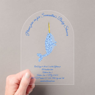 Cute Blue Baby Boy Narwhal Custom Baby Shower Acrylic Invitations