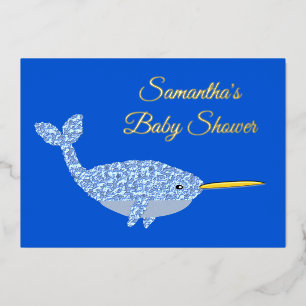 Cute Blue Baby Boy Narwhal Custom Baby Shower Foil Invitation