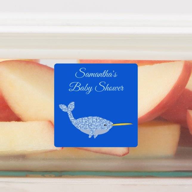 Cute Blue Baby Boy Narwhal Custom Baby Shower Labels (Affixed)