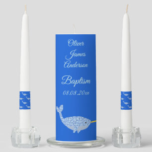 Cute Blue Baby Boy Narwhal Custom Baptism Unity Candle Set