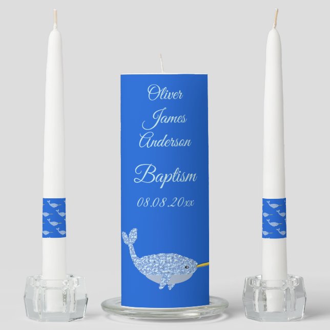 Cute Blue Baby Boy Narwhal Custom Baptism Unity Candle Set (Front)