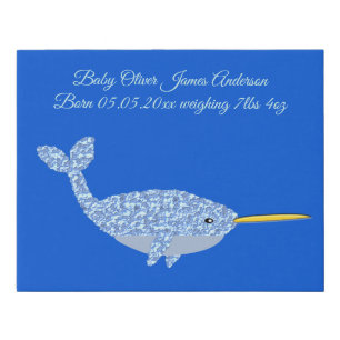 Cute Blue Baby Boy Narwhal Custom Birth Faux Canvas Print