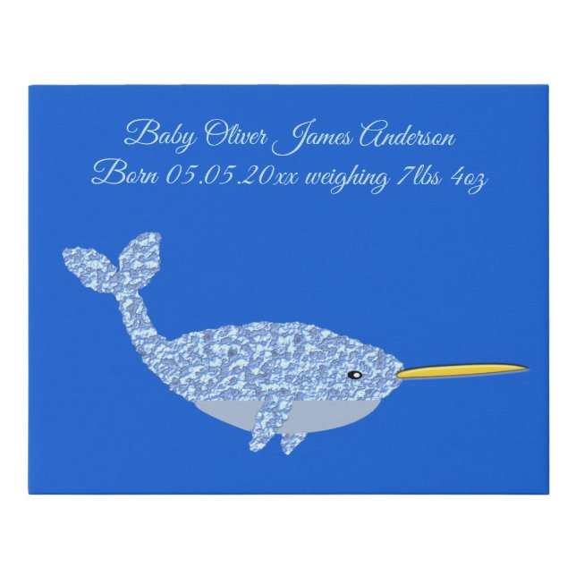 Cute Blue Baby Boy Narwhal Custom Birth Faux Canvas Print (Front)