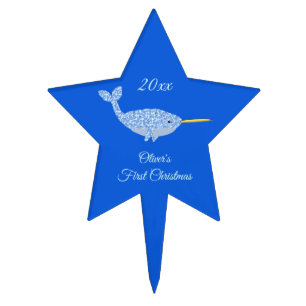 Cute Blue Baby Boy Narwhal Custom First Christmas Cake Topper