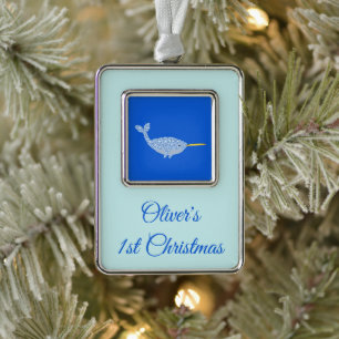 ]Cute Blue Baby Boy Narwhal Custom First Christmas Ornament