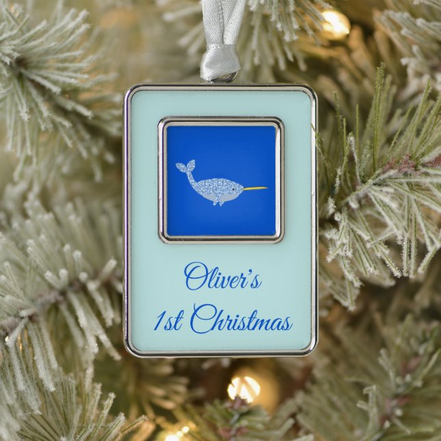 ]Cute Blue Baby Boy Narwhal Custom First Christmas Ornament (Tree)