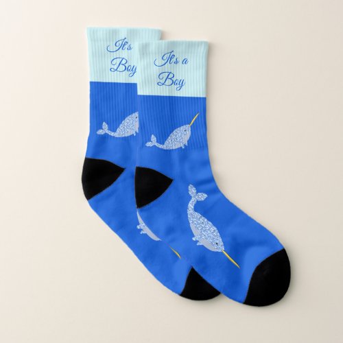 Cute Blue Baby Boy Narwhal Custom Gender Reveal Socks