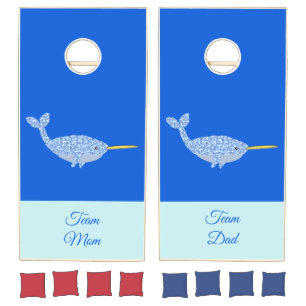 Cute Blue Baby Boy Narwhal Custom Mom vs Dad Cornhole Set