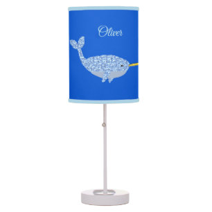 Cute Blue Baby Boy Narwhal Custom Name Nursery Table Lamp
