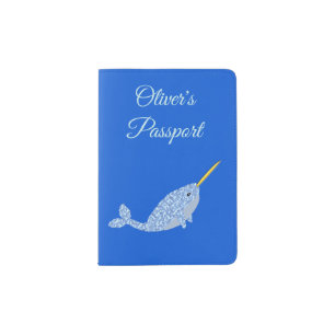 Cute Blue Baby Boy Narwhal Custom Name Passport Holder
