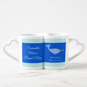 Cute Blue Baby Boy Narwhal Custom New Parents Coffee Mug Set
