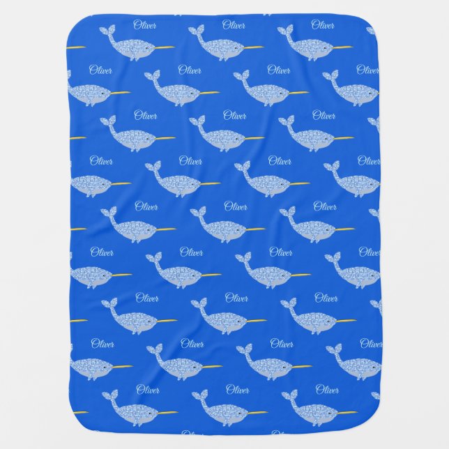 Cute Blue Baby Boy Narwhal Custom Patterned Blanket (Front)