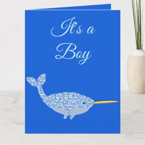 Cute Blue Baby Boy Narwhal Gender Reveal Card