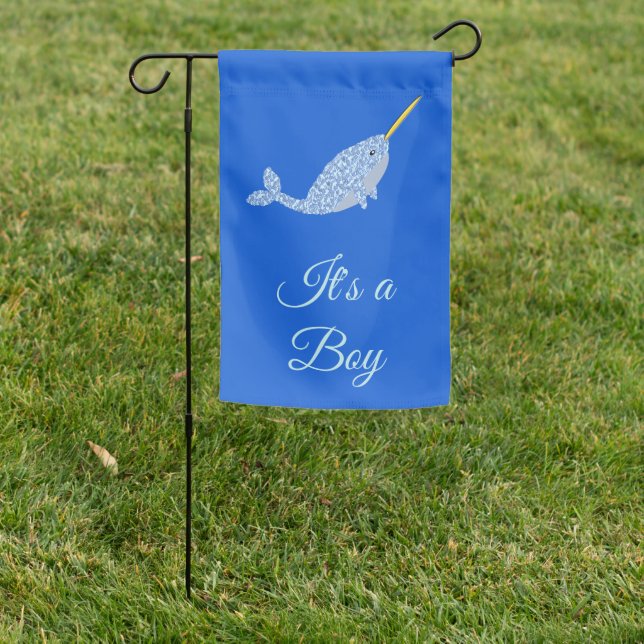 Cute Blue Baby Boy Narwhal Gender Reveal Custom Garden Flag (In SItu)