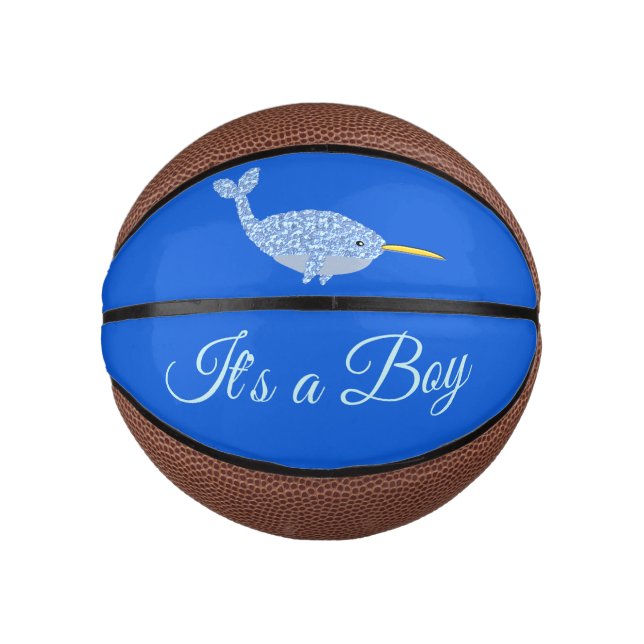 Cute Blue Baby Boy Narwhal Gender Reveal Custom Mini Basketball (Front)