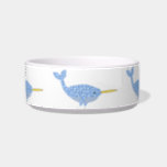 Cute Blue Baby Boy Narwhal Patterned Bowl<br><div class="desc">This awesome pet bowl features a digital art image of a cute magical blue baby boy Narwhal. The main body of the Narwhal has a rough texture and is blue while the belly is a gray blue color. The Narwhal has a black eye with a white pupil and a shiny...</div>